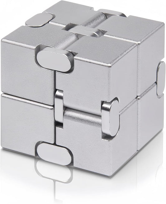 Metal Infinity Cube Fidget Toy - Aluminum Alloy Anti-Stress and Anxiety Finger Flip Cube for Adults, Men, and Women, Ideal Desk Toy for Work or Home - Infinity Cube Desk Toy (Silver)