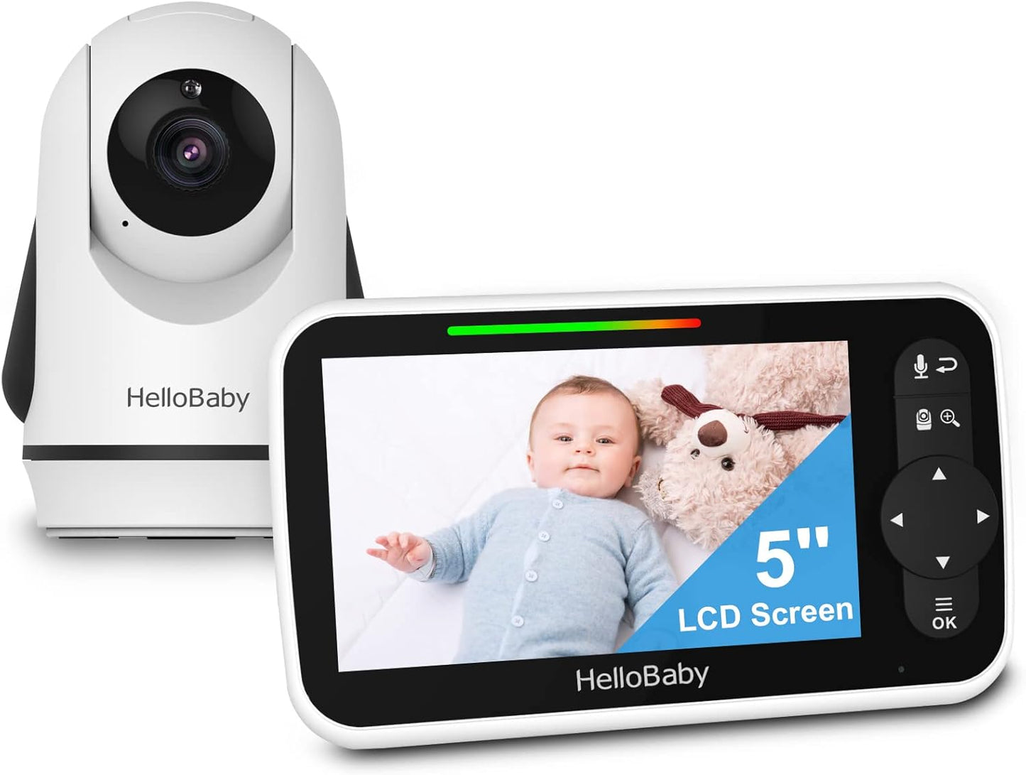 HelloBaby 5 Inch Video Baby Monitor with Camera and Audio, Remote Pan-Tilt-Zoom Camera with Night Vision, 2-Way Talk, Temperature, 8 Lullabies and 1000ft Range Baby Monitor No WiFi Needed