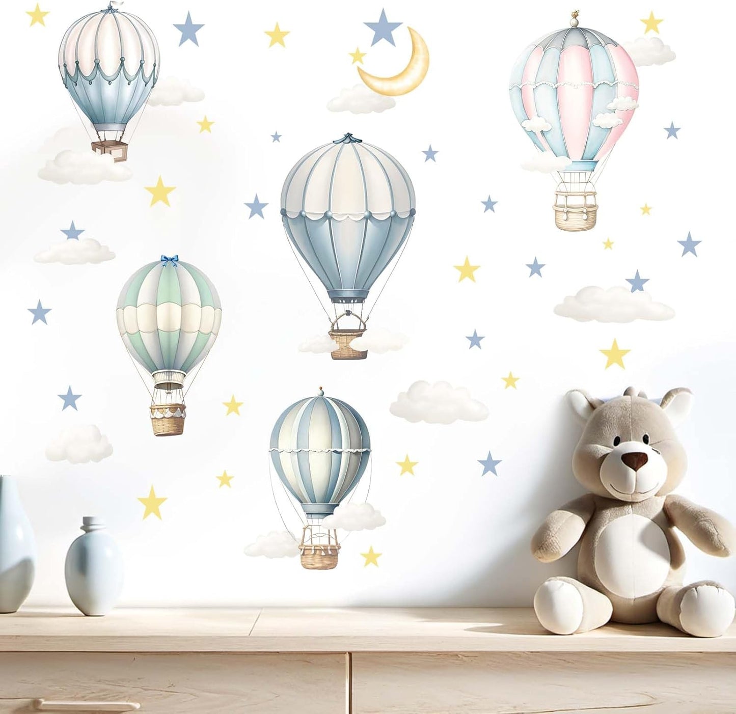 Balloon Wall Decals for Kids Room: Peel and Stick Hot Air Balloon Stars Cloud Wall Stickers - Baby Nursery Boys Room Girls Bedroom - Children Supplies Ages 1-12 Years Wall Decor Art