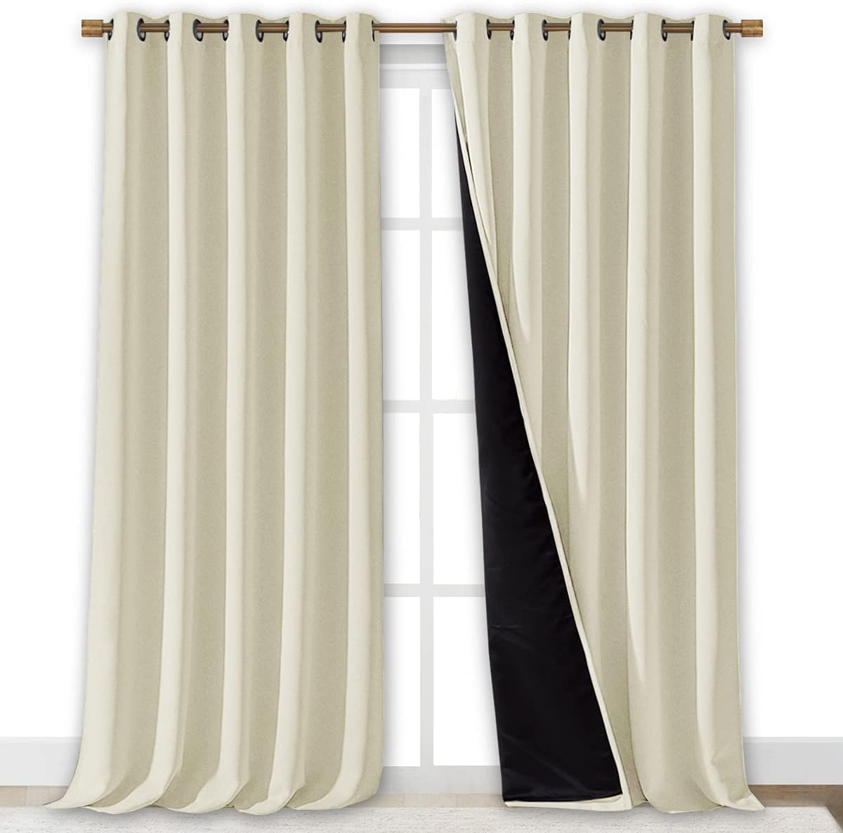 NICETOWN Living Room Completely Shaded Draperies, Privacy Protection & Noise Reducing Ring Top Drapes, Black Lined Insulated Window Treatment Curtain Panels (Beige, 2 Pieces, W70 x L95)