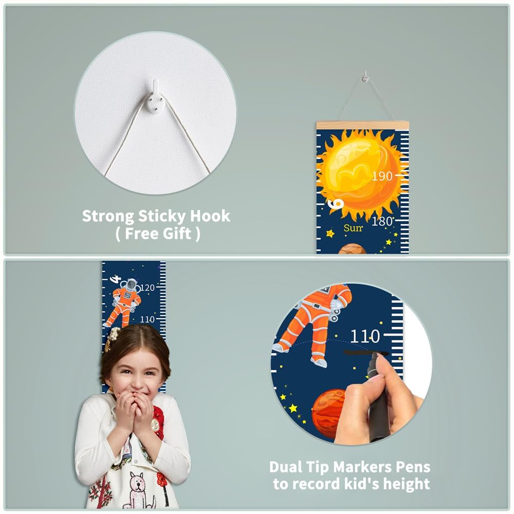 Pink Gray Color Block Growth Chart for Kids Baby Height Chart Ruler Removable Canvas Wooden Frame Hanging Wall Rulers Measurement Charts for Toddler Room Decor - 79"X7.9" with Beige Wood