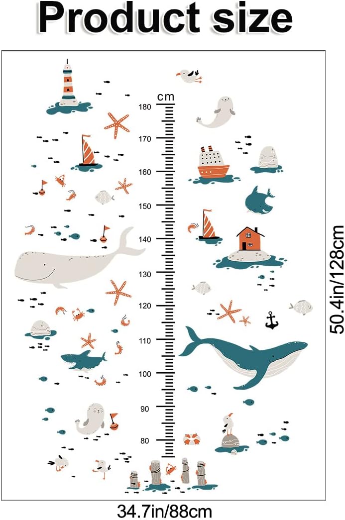 3D Cartoon Height Growth Chart for Kids Wall Decal Removable DIY Whale Ocean Animal Wall Decal Peel and Stick Sailing House Art Decor for Kids Nursery Bedroom Living Room Bathroom Decor