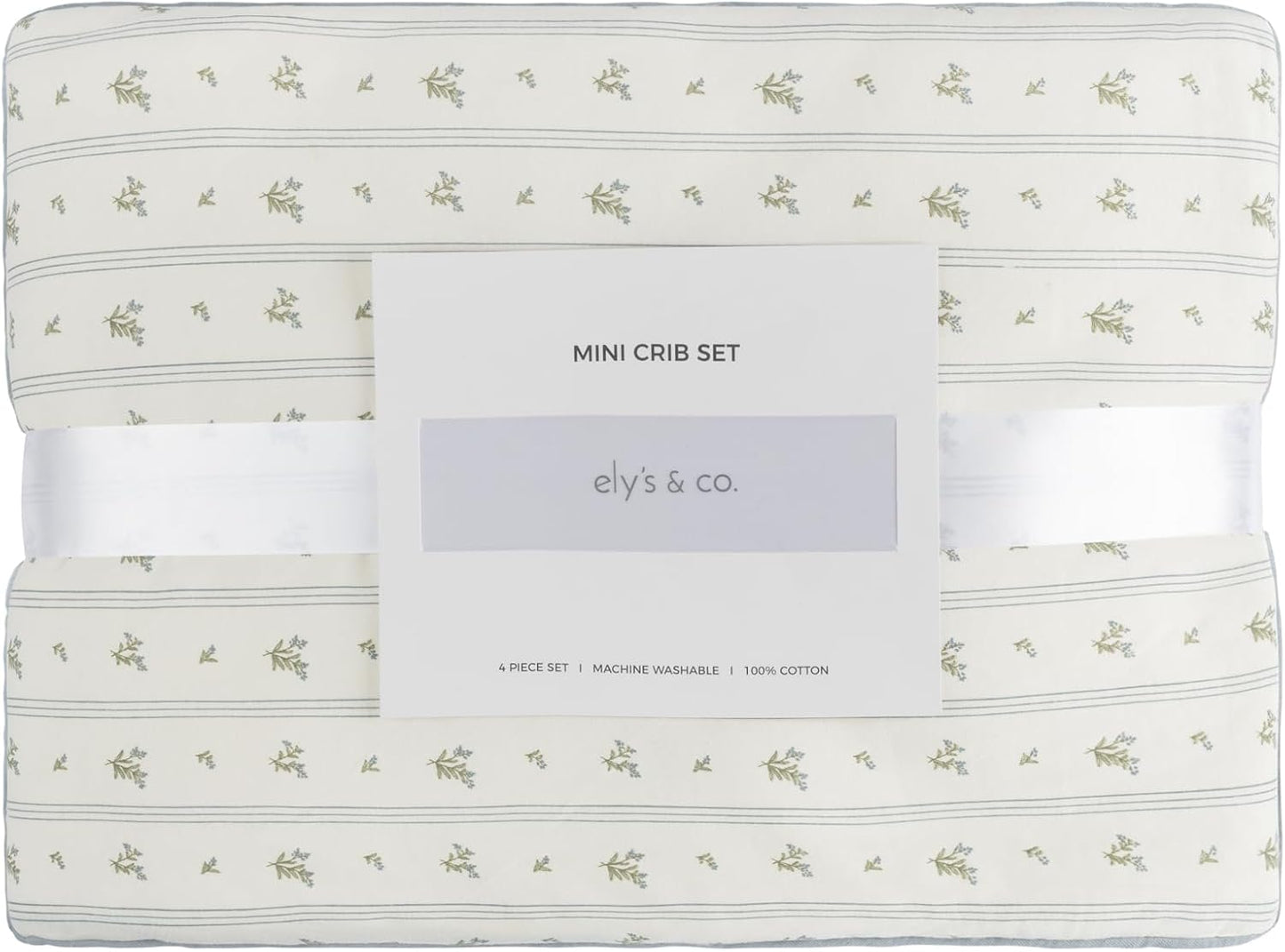 Ely's & Co. Mini Crib Bedding Set for Boys, 4 Piece Set Includes – 1 Fitted Mini Crib Sheet, Quilted Comforter and Decorative Pillowcase with Insert, Blue Linear Berry Collection