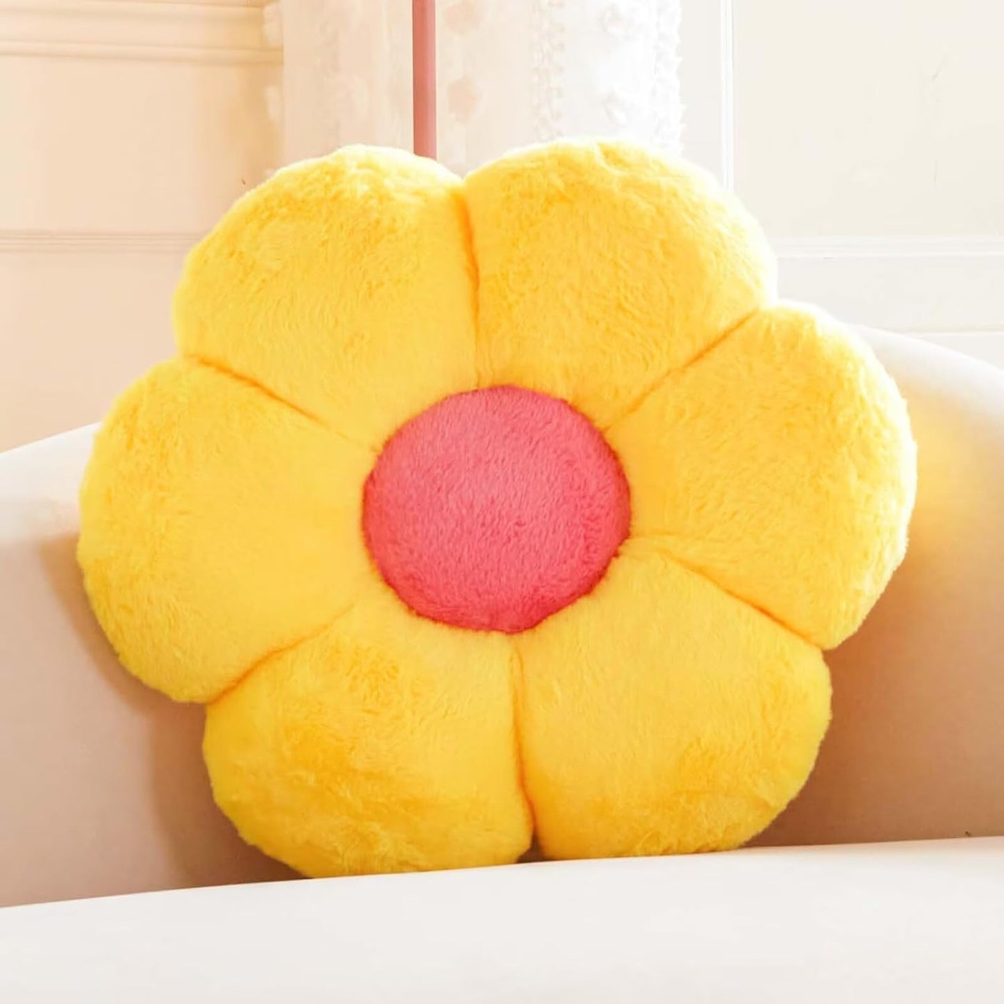 Yellow Flower Plush Throw Pillow, Cute Decorative Flower Shaped with Faux Rabbit Fur, 19.6" Soft Plush Floor Pillow for Bedroom Living Room