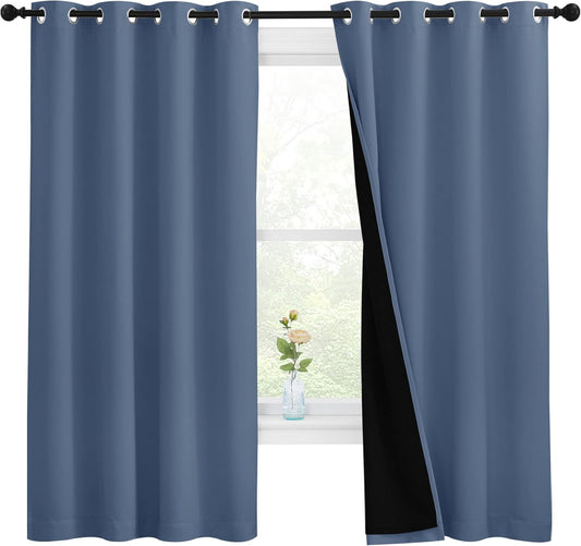 NICETOWN 100% Blackout Curtains with Black Liners, Thermal Insulated Full Blackout 2-Layer Lined Drapes, Energy Efficiency Window Draperies for Bedroom (Stone Blue, 2 Panels, 55-inch W by 68-inch L)