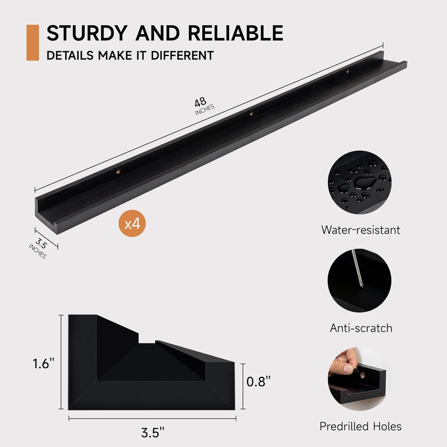 Picture Ledge Shelf for Wall, Floating Shelves Set of 4, 48 Inch Long Nursery Book Shelves for Toys Storage, Kids Bookshelf Wall Mounted for Books Photo Frames, Black