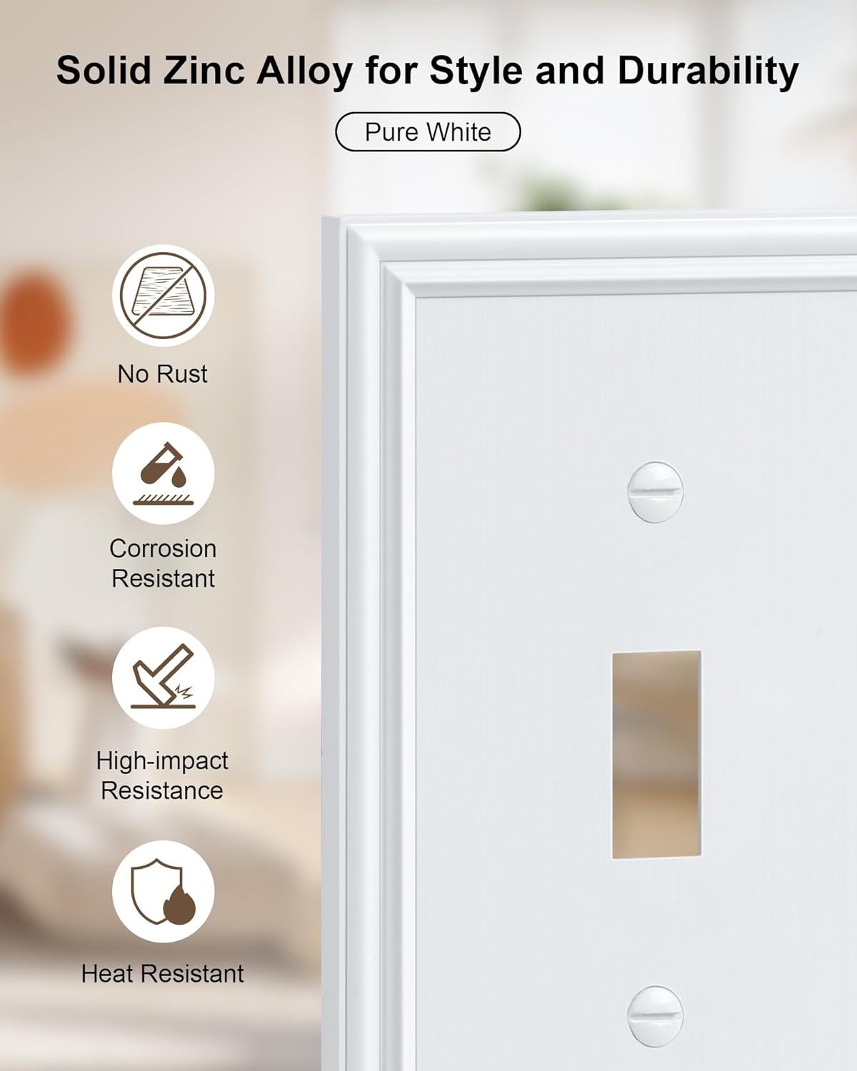 2-Pack Single Toggle Light Switch Cover Plate, Durable Solid Zinc Alloy Decorative Switch Plate Covers, White 1 Gang Wall Plate, Corrosion Resistant