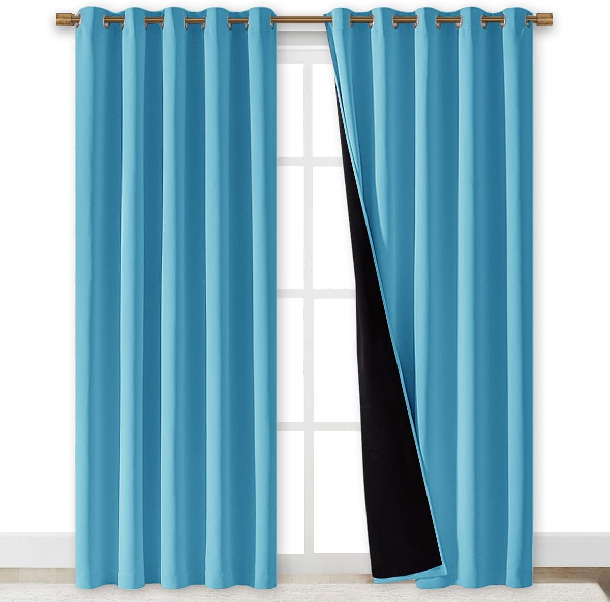 NICETOWN 100% Blackout Window Curtain Panels, Teal Blue, 2 PCs, 62" Wide Each Panel, Cold and Full Light Blocking Drapes with Black Liner for Nursery, 84 inches Drop Thermal Insulated Draperies