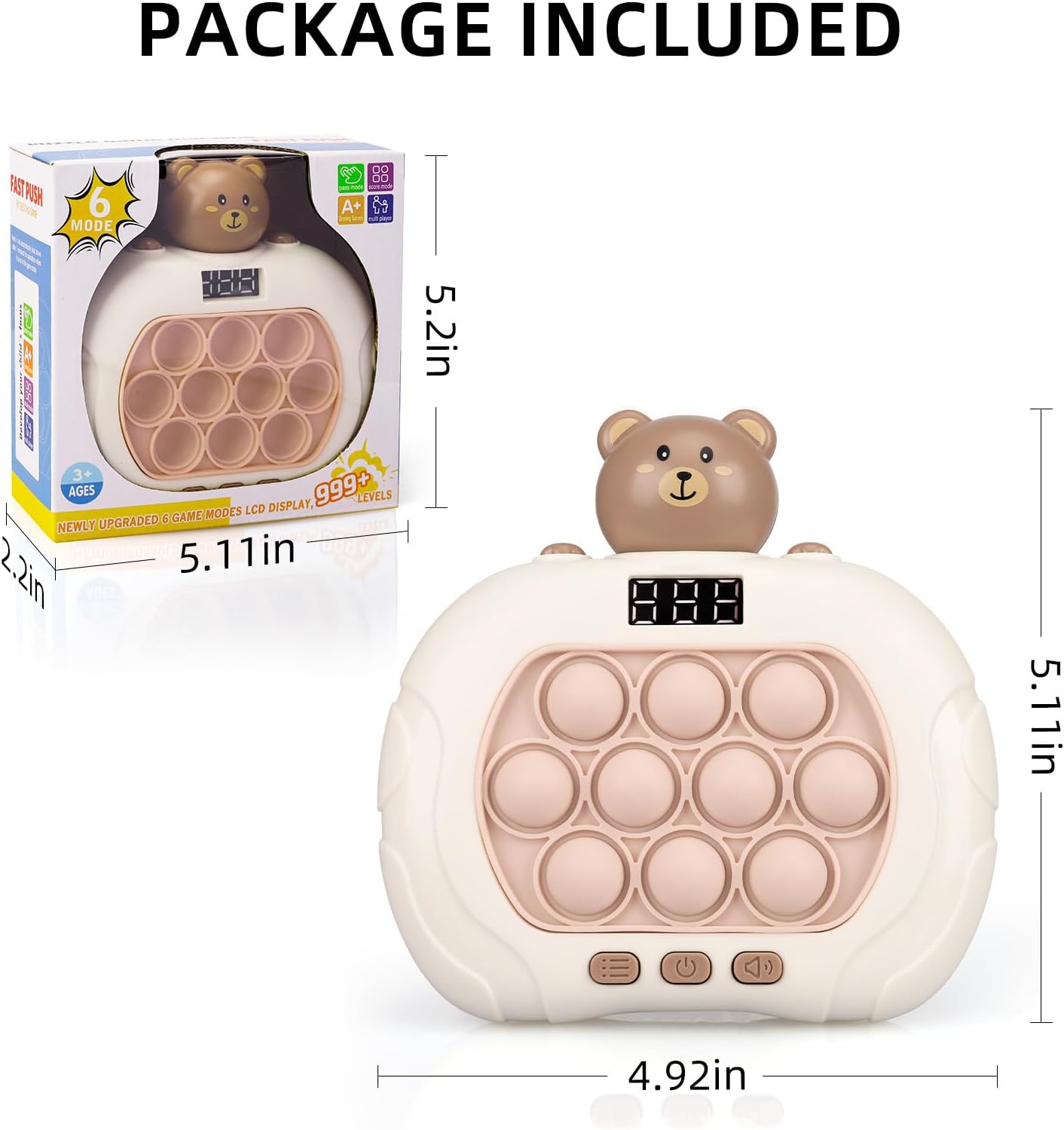 Fast Push Game Pop Fidget Toys for Kids, Fast Push Bubble Game, Handheld Puzzle Game Sensory Toys with LED Screen, Quick Push Light Up Game Gifts for 3-12 Year Old Girls Boys (Bear)