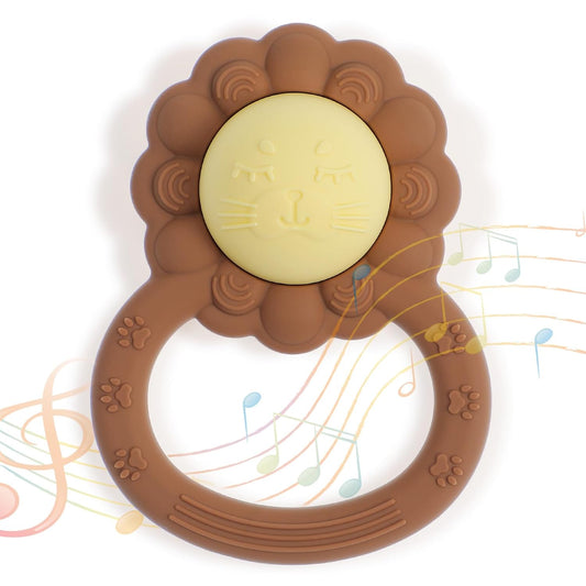 Rattle Teether, Lion Shape Montessori Baby Sensory Teething Toys, Food Grade Silicone BPA Free, Newborn Essentials Must Haves (Daffodil Clay)