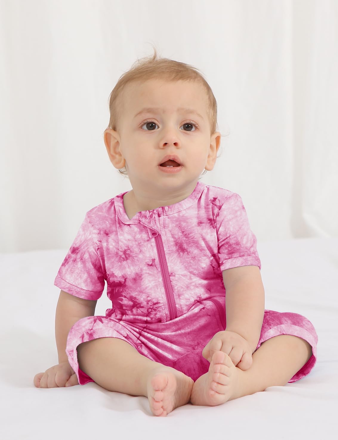 Jimonda Baby Girl Boys Rayon From Bamboo Pajamas 3 Pack Short Sleeve Footless Romper 2 Way Zipper Tie Dye Pjs Sleeper 0-24M