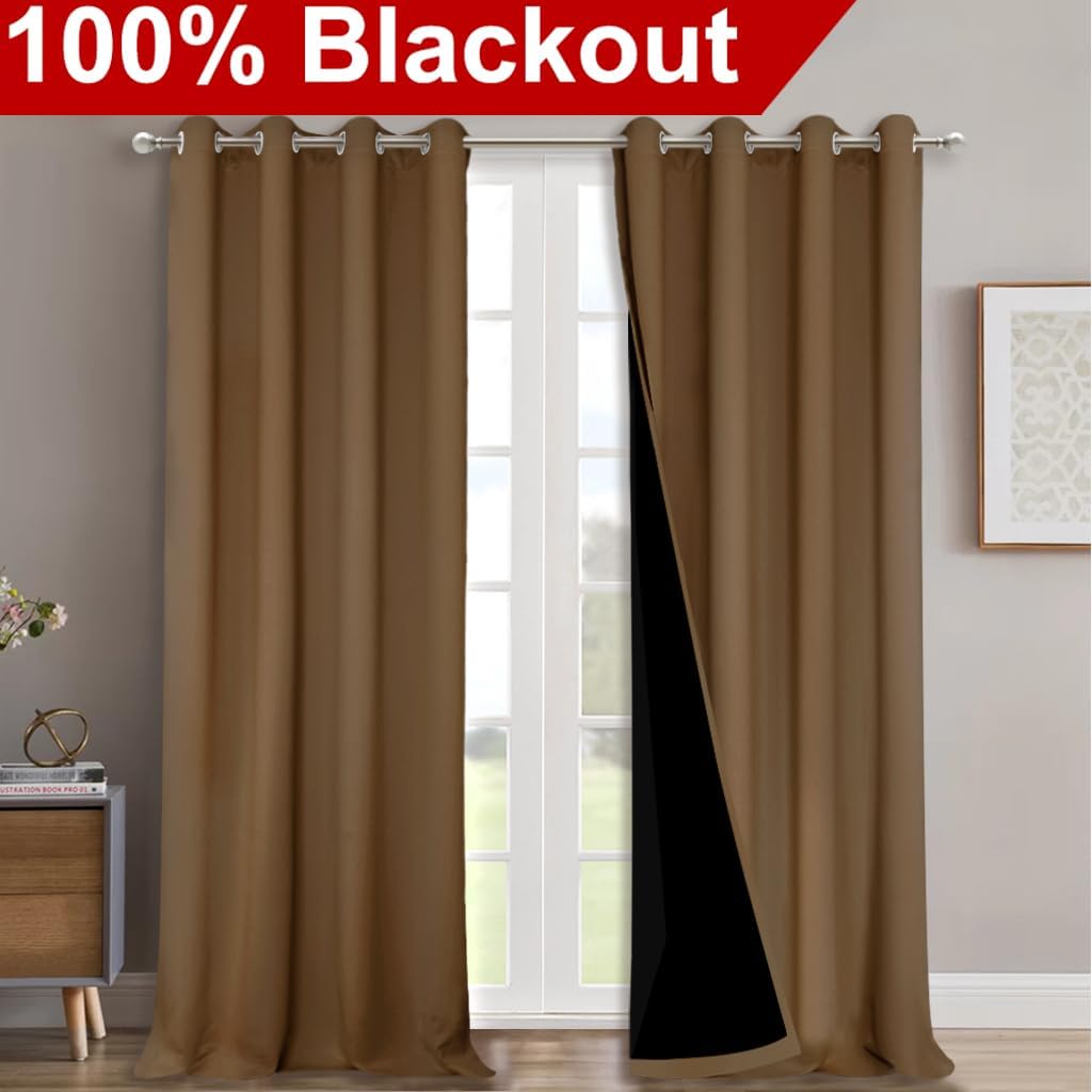 NICETOWN 100% Blackout Curtains for Windows, Pack of 2, 52" W x 108" L, Gold Brown, Super Heavy-Duty Black Lined Total Darkness Drapes for Bedroom, Privacy Assured Window Treatment for Patio