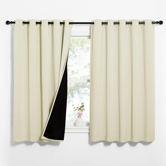 NICETOWN Living Room Completely Shaded Draperies, Privacy Protection & Noise Reducing Ring Top Drapes, Black Lined Insulated Window Treatment Curtain Panels (Beige, 2 Pieces, W62 x L63)