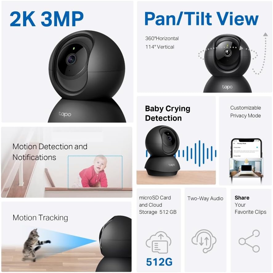 Tapo TP-Link 2K Pan/Tilt Indoor Security Camera for Baby Monitor, Pet Camera | Motion Detection & Tracking | 2-Way Audio | Cloud & SD Card Storage | Works w/Alexa & Google Home | Black C211