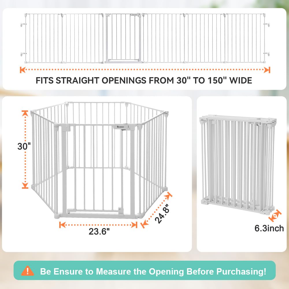 COMOMY 150" Extra Wide Baby Gate With Door - Auto Close Fence Play Area for House Doorways, Fireplace - Walk Through Pet Gate, Hardware Mounted, 6-Panels (30" Tall, White)