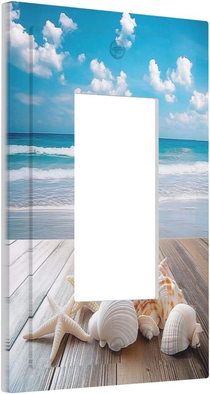 Decorative Outlet Covers Beach Waves Brown Wood Starfish Shells 1 Gang Single Rocker Light Switch Cover Plate Wall Plates Gfci Faceplate For Bathroom Living Room Decor