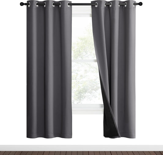 NICETOWN Grey Full Shade Curtain Panels, 37" Wide x 70" Long, Gray, Pair of Thermal Insulated & Energy Efficiency Blackout Curtains for Living Room Windows, Lined Silky Performance Window Dressing