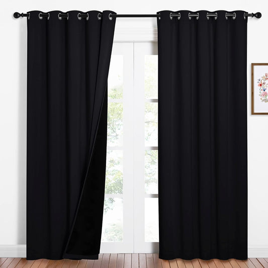 NICETOWN High-End Thermal Curtains, Full Blackout Curtains 84 inches Long for Dining Room, Soundproof Window Treatment Drapes for Hall Room, Black, 62 inches Wide Per Panel, Set of 2 Panels