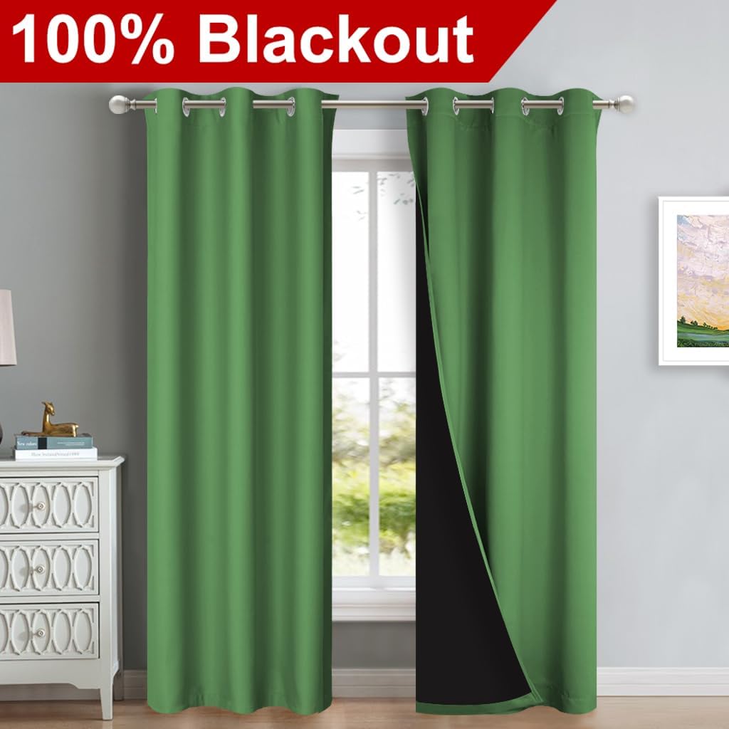 NICETOWN Blackout Curtains 80 inches Long, 2 Pieces, 42" Wide Each Panel, Forest Green, Full Light Blocking Drapes with Black Liner for Nursery, Thermal Insulated Draperies for Hall, Villa