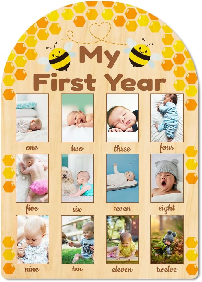 ORIGACH My First Year Baby Growth Photo Display Wood Board - 12 Months Newborn Milestones Photo Board - Neutral Baby Keepsake Board 1st Birthday Party Nursery Decor New Mom Gift - Bee