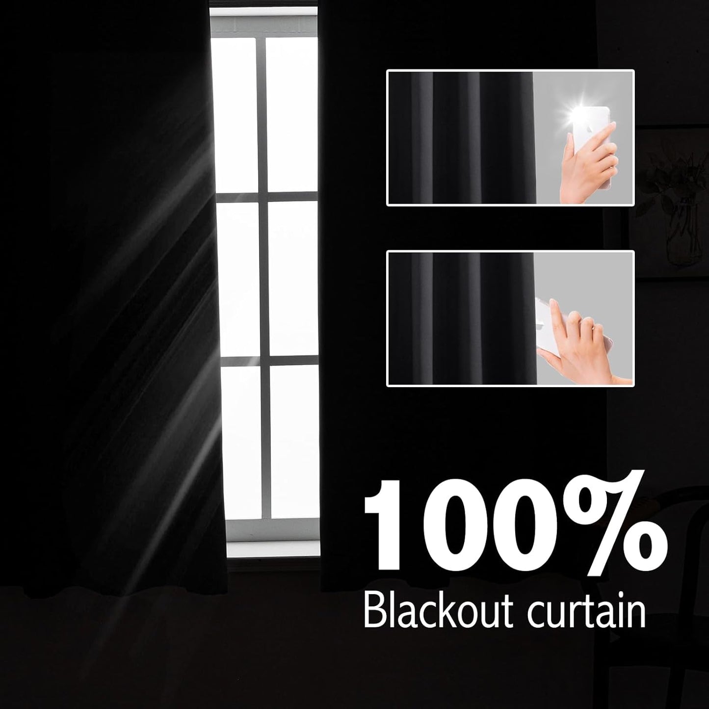 Anytime 100% Blackout Curtain Set, Thermal Insulated & Energy Efficiency Window Draperies for Guest Room, Full Shading Panels for Shift Worker and Light Sleepers（Black, 2 Panels, 70W x 63L）