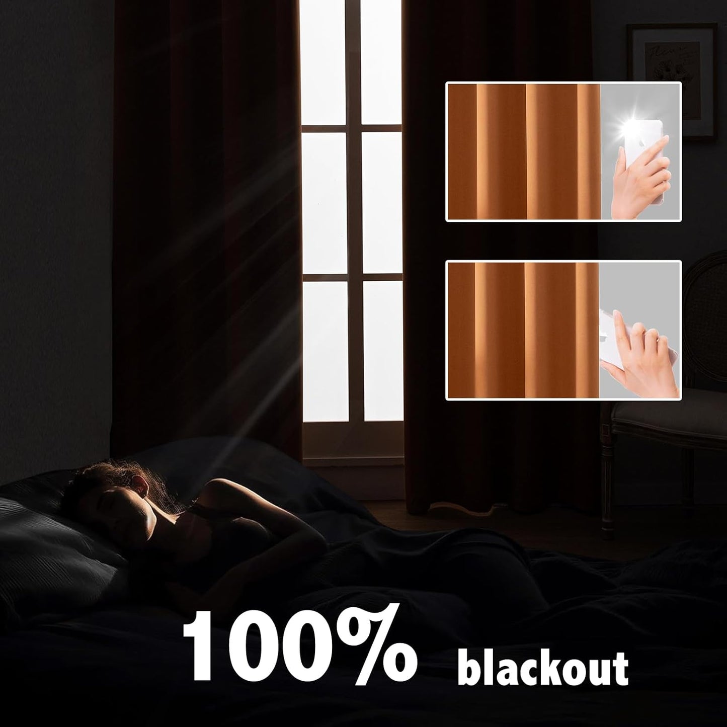 Anytime 100% Blackout Curtain Set, Thermal Insulated & Energy Efficiency Window Draperies for Guest Room, Full Shading Panels for Shift Worker and Light Sleepers（Orange, 2 Panels, 52W x 108L）