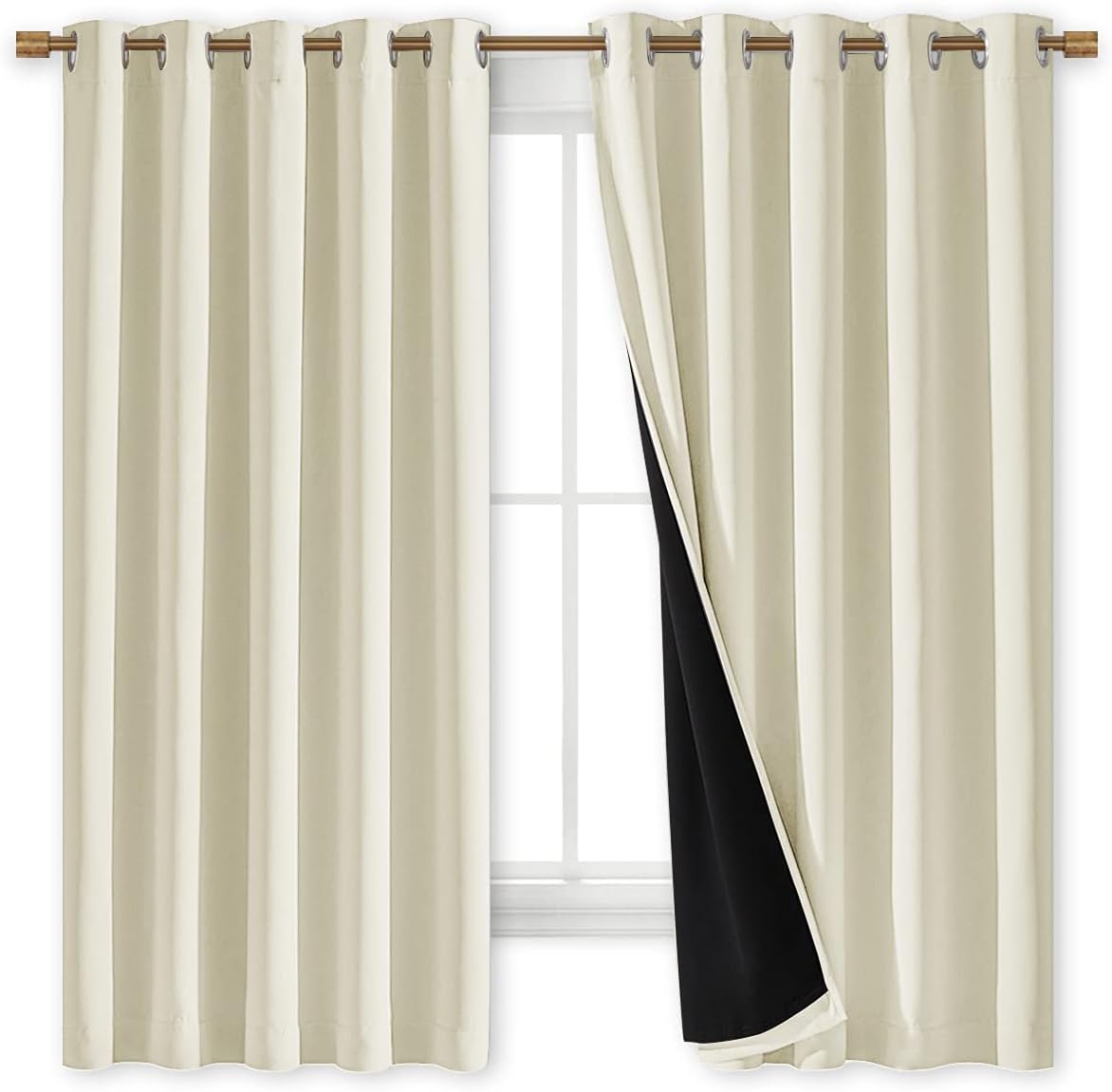 NICETOWN Living Room Completely Shaded Draperies, Privacy Protection & Noise Reducing Ring Top Drapes, Black Lined Insulated Window Treatment Curtain Panels (Beige, 2 Pieces, W70 x L63)