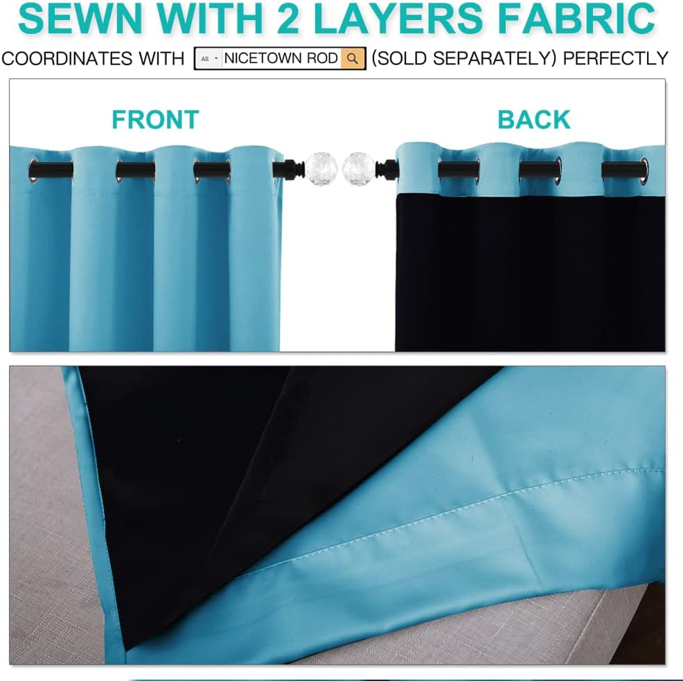 NICETOWN 100% Blackout Curtains with Black Liners, Thermal Insulated Full Blackout 2-Layer Lined Drapes, Energy Efficiency Window Draperies for Bedroom (Teal Blue, 2 Panels, 42-inch W by 63-inch L)