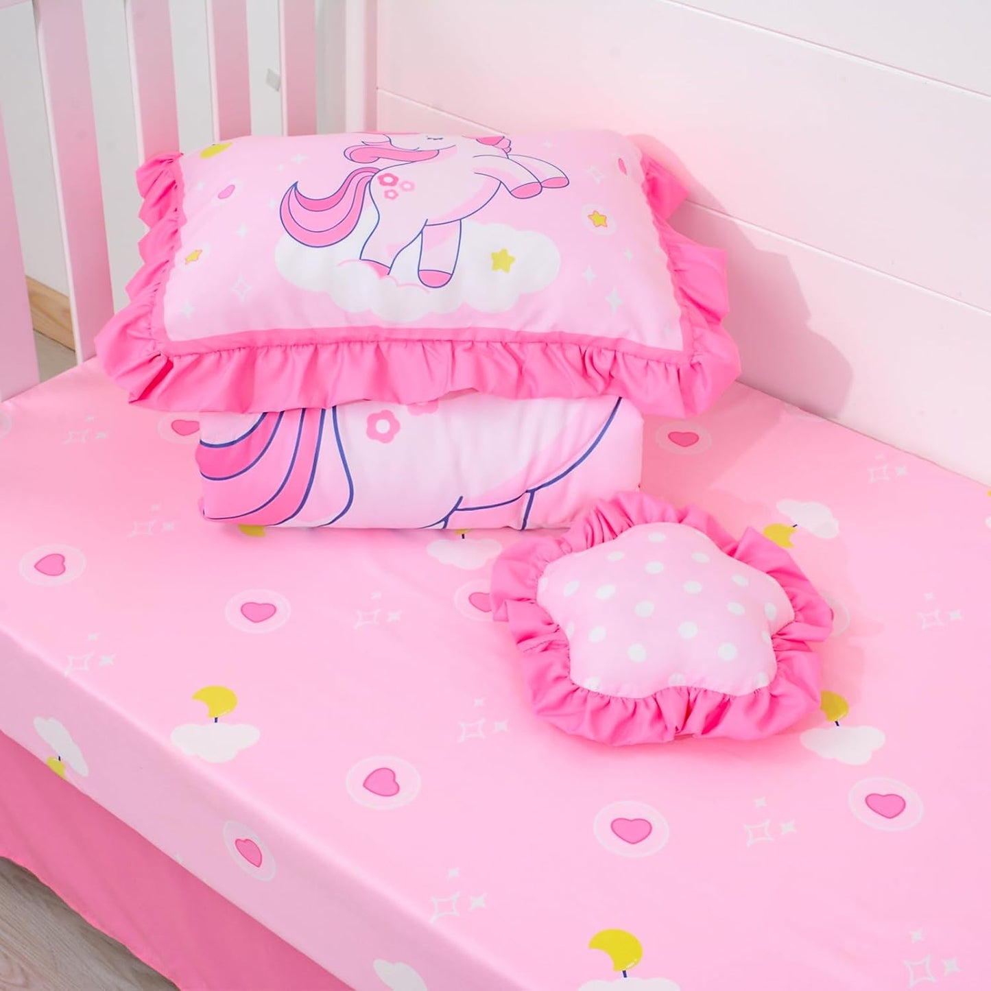 UOMNY Crib Bedding Set for Girls 4 Piece Unicorn Baby Girl Crib Bedding Sets with Baby Comforter Crib Sheet Crib Skirt Pillowcase Nursery Bedding Set