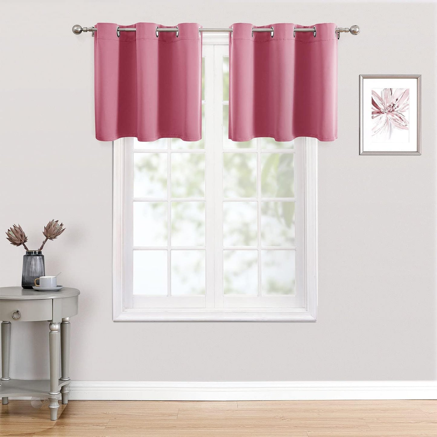 ChrisDowa Small Kitchen Valances for Windows - Grommet Short Thermal Insulated Room Darkening Window Valances Curtains for Living Room (2 Panels, Pink, 52 x 18 Inch)