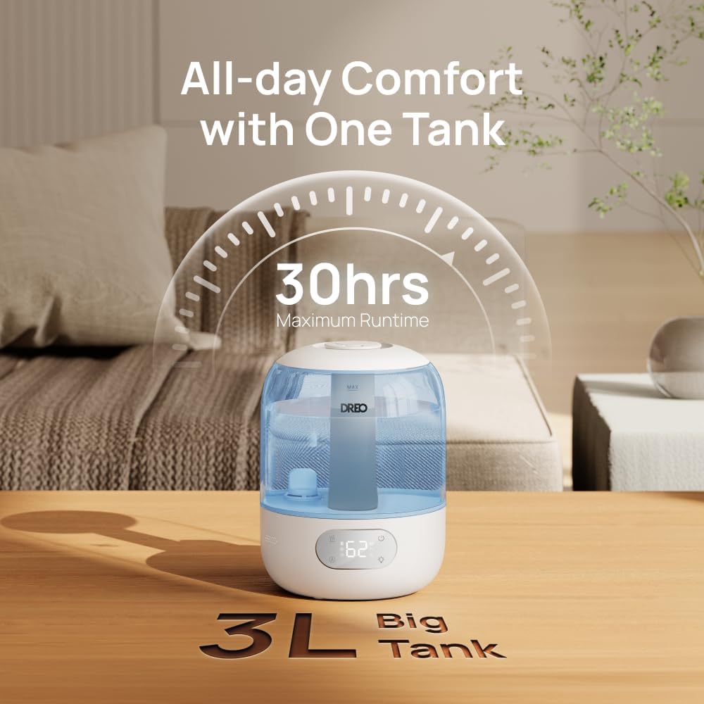 Dreo Humidifiers for Bedroom, Cool Mist Ultrasonic Humidifiers with 30Hr Runtime, Top Fill 3L Tank, Easy Clean, Humidity Sensor, Night Light for Baby, Nursery, 360° Nozzle for Plants and Home, Blue