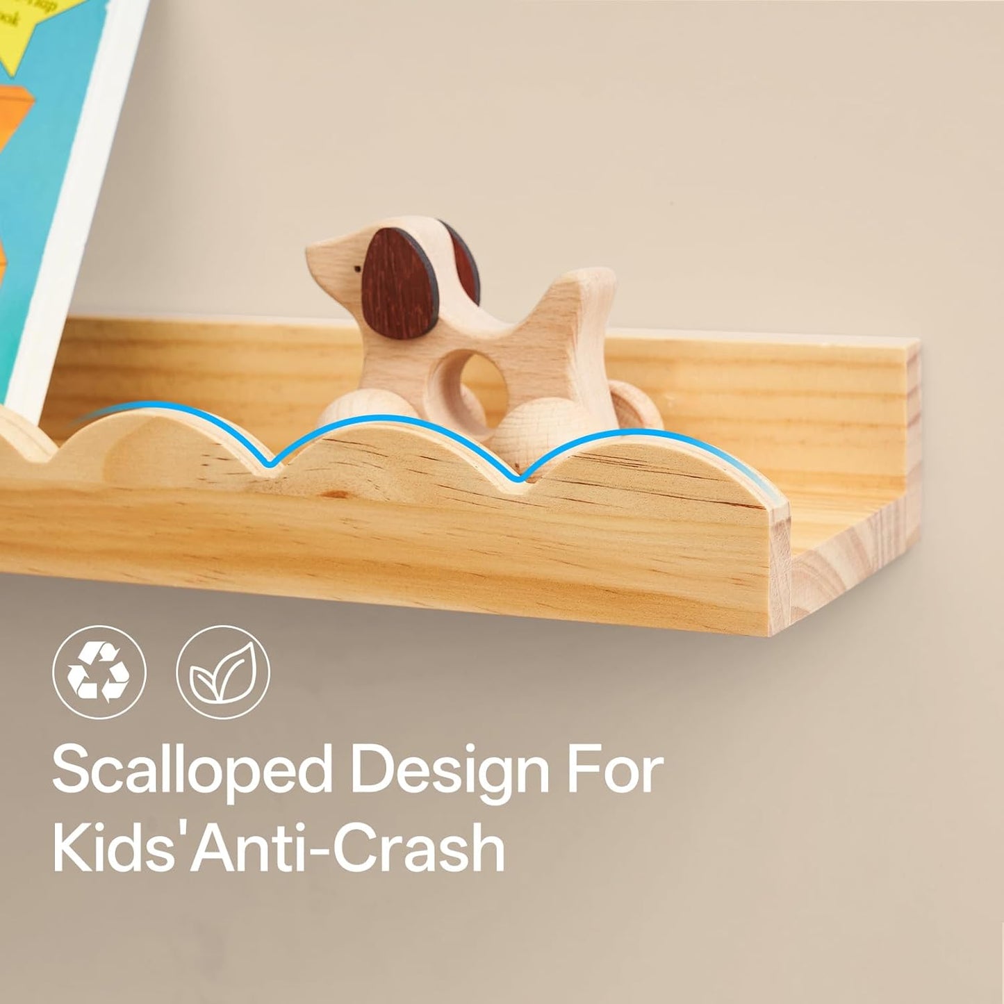 Nursery Book Shelves, Scalloped Floating Shelves Set of 2 Solid Pine Wood Wall Mounted Bookshelf with Wave Lip for Bedroom Kids, Toddler Room, Baby Room 24inch Natural