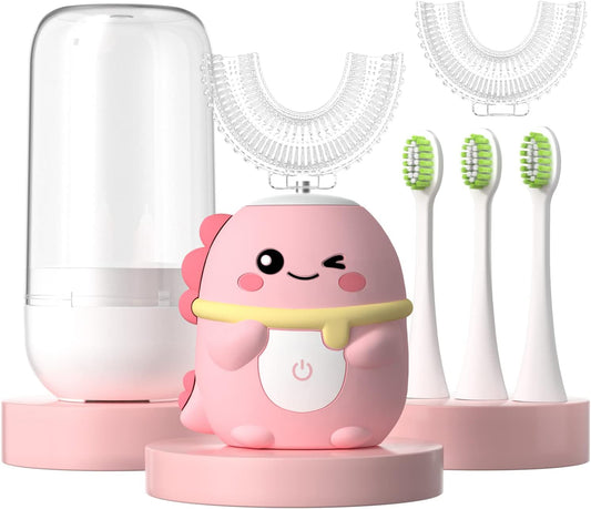 Kids Electric Toothbrush U Shaped Toddler Auto Sonic Toothbrushes with 5 Brush Head,Cartoon Dinosaur Ultrasonic Toothbrushes for Children 2-12 Years,360° Full Mouth Cleaning Automatic
