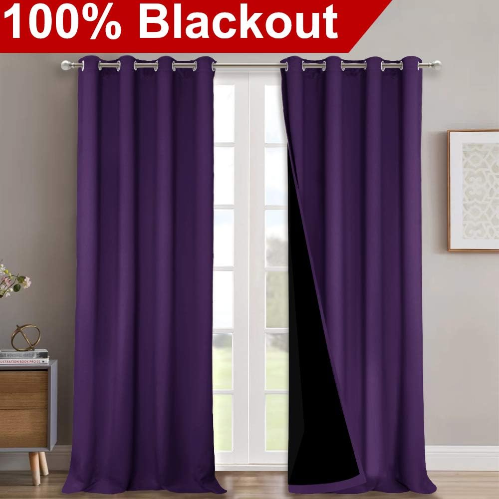 NICETOWN Cold Blocking 100% Blackout Curtains, Durable and Soft Black Lined Drapes for Living Room, Energy Saving Long Panels for Patio Sliding Glass Door, Royal Purple, 52 inches x 108 inches, 2 PCs