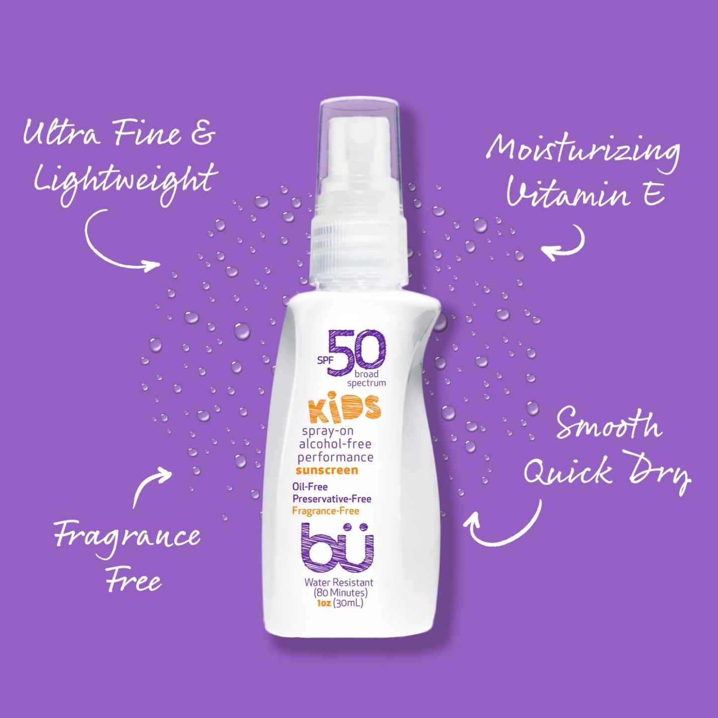 BU SPF 50 Kids Sunscreen Spray for Face and Body, Non Aerosol Spray, TSA Travel Size Sunscreen, Clear, Non Greasy, Water Resistant, Oil Free, Fragrance Free 1 oz