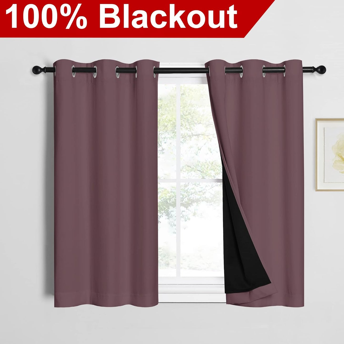 NICETOWN Dry Rose 100% Blackout Curtains 45 inches Long, 2 Thick Layers Completely Blackout Window Treatment Thermal Insulated Lined Drapes for Small Window (1 Pair, 42 inches Width Each Panel)