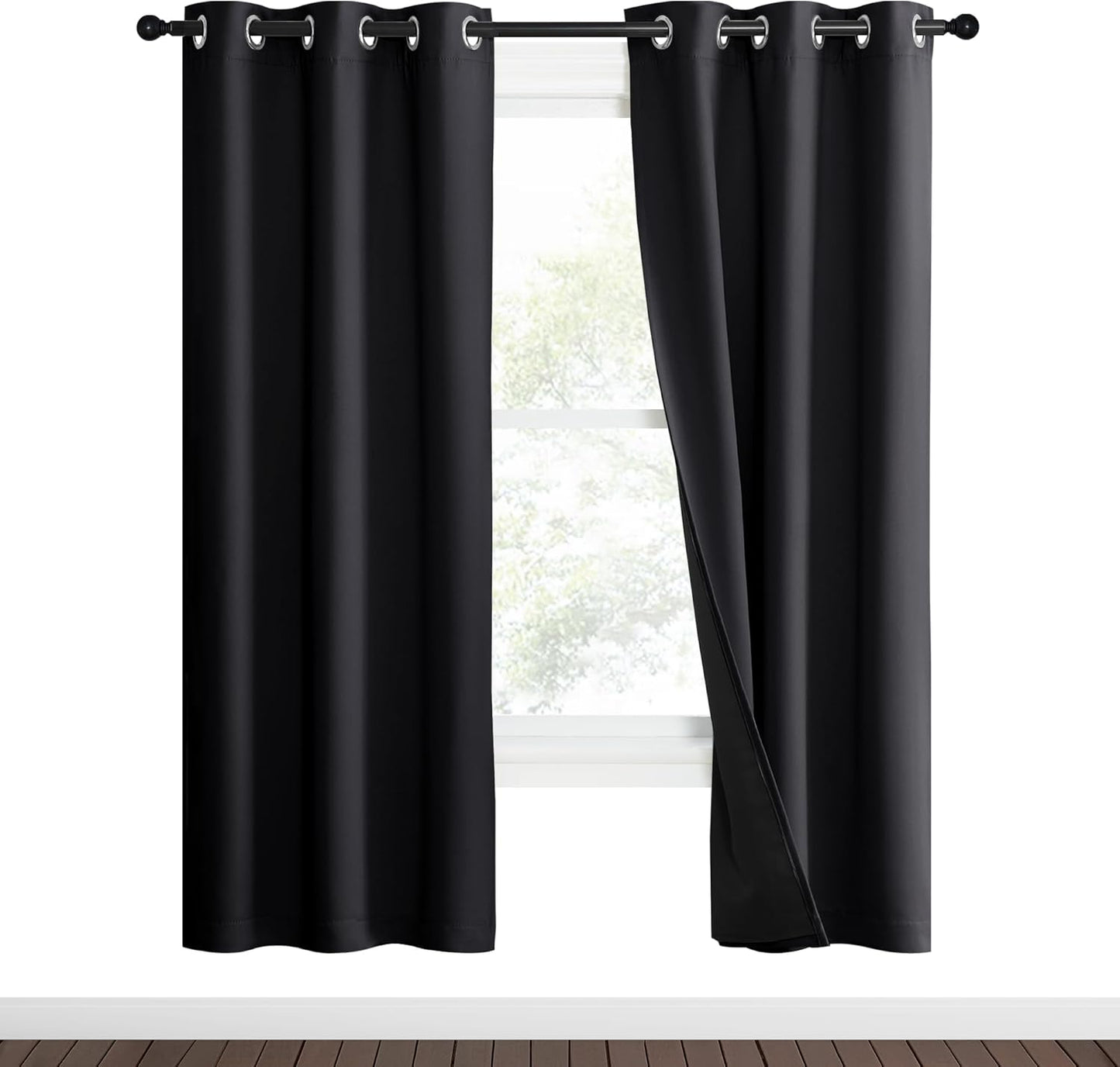 NICETOWN High-End Thermal Kitchen Curtains, Black, 37" Wide Per Panel, Set of 2 Panels, Full Blackout Curtains 70 Inches Long for Dining Room, Soundproof Window Treatment Drapes for Hall Room