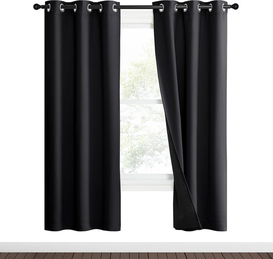 NICETOWN High-End Thermal Kitchen Curtains, Black, 37" Wide Per Panel, Set of 2 Panels, Full Blackout Curtains 70 Inches Long for Dining Room, Soundproof Window Treatment Drapes for Hall Room
