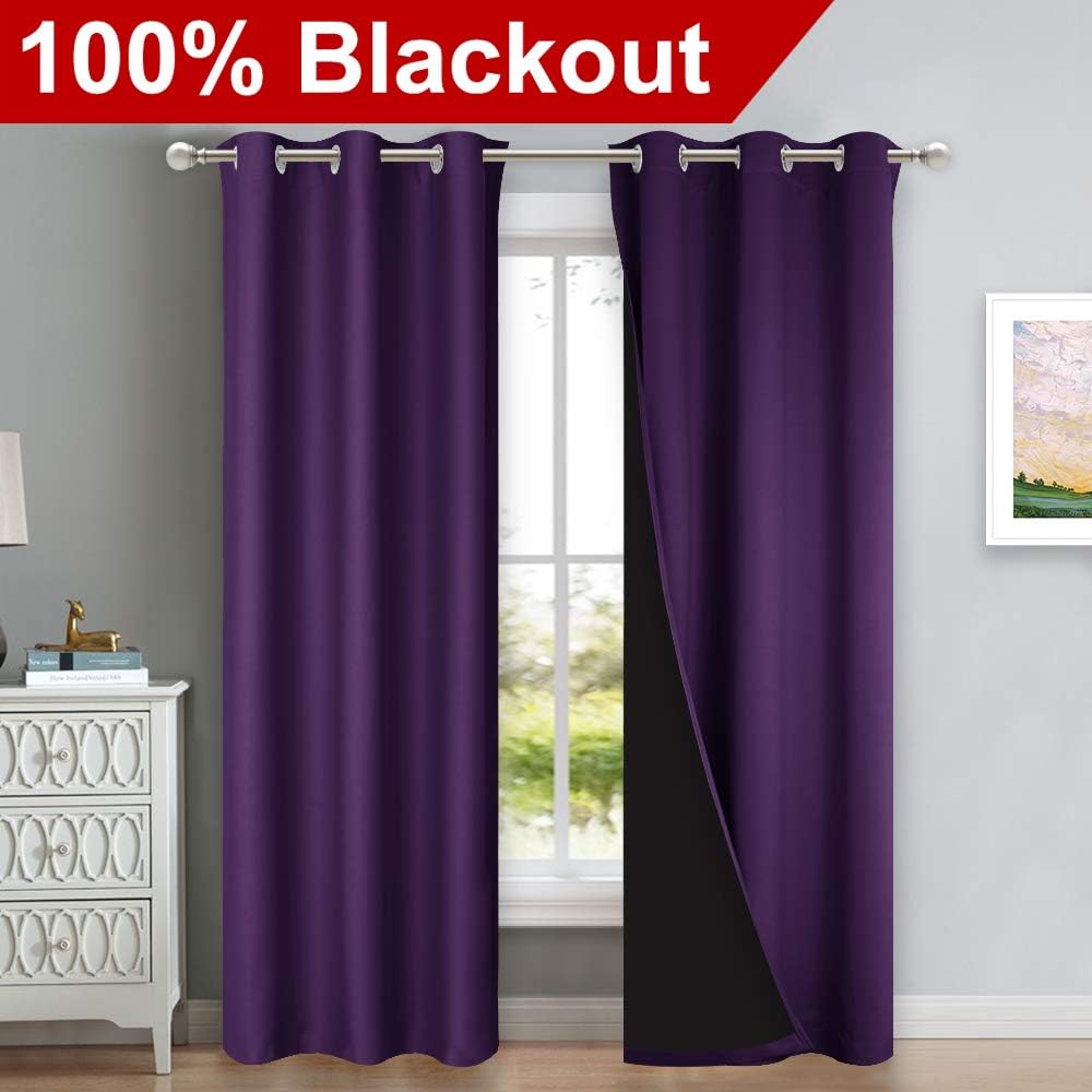NICETOWN Cold Blocking 100% Blackout Curtains with Black Liner Backing, Thermal Insulated Curtains for Living Room, Noise Reducing Drapes, Royal Purple, 42" Wide x 84" Long Per Panel, Set of 2 Panels