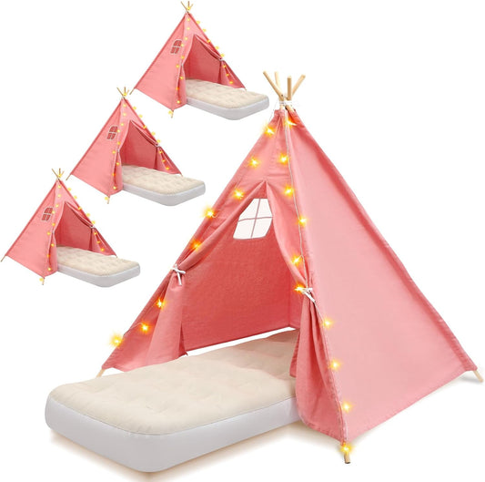 4 Pack Teepee Tent for Kids with Light String and Inflatable Airbed, Slumber Party Tents, Sleepover Tents Party for Girls Boys Indoor Outdoor (Pink)