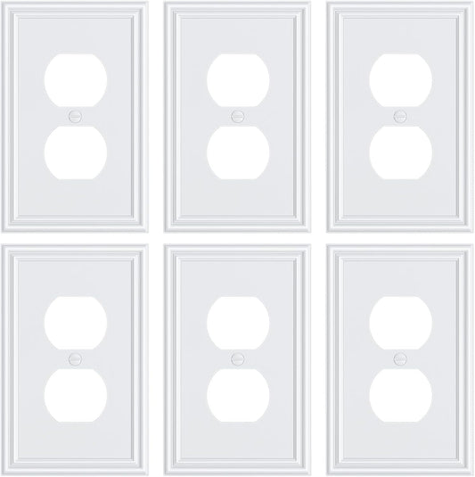 6-Pack Single Duplex Outlet Cover Plate, Decorative White Switch Plates and Outlet Covers, Metal Wall Plates for Electrical Outlets, 1 Gang Receptacle Cover, Corrosion Resistant