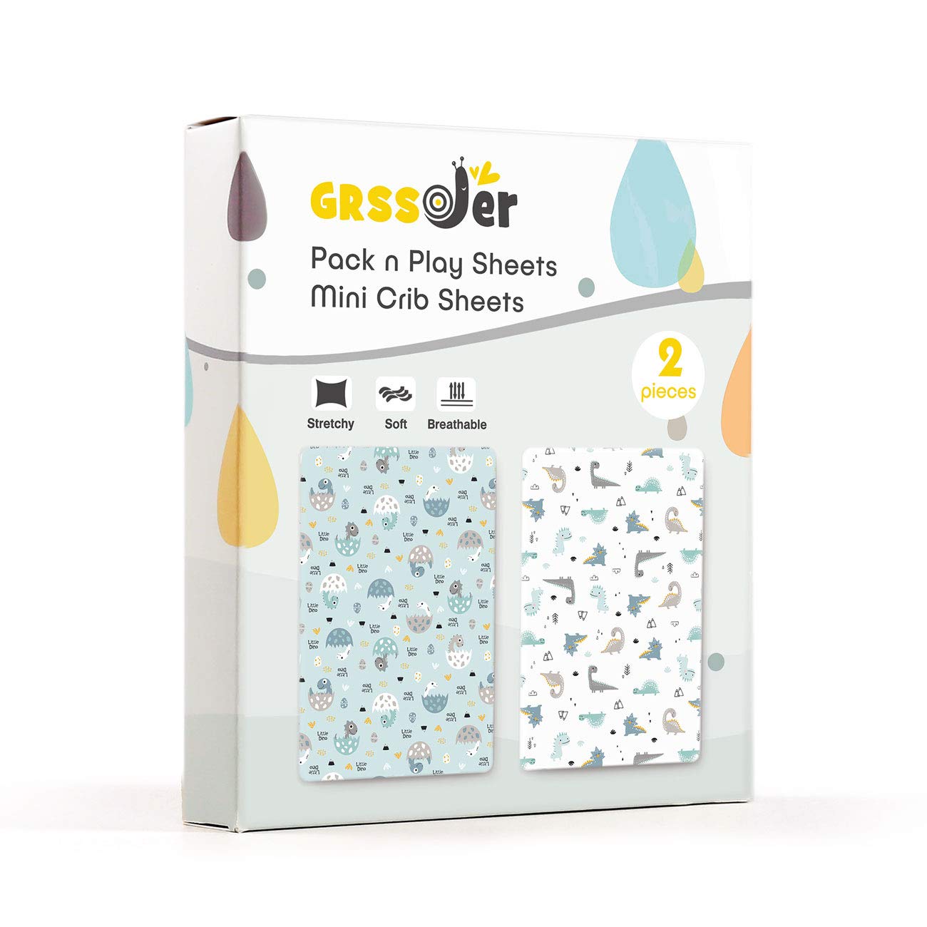 GRSSDER Stretchy Ultra Soft Jersey Knit Fitted Pack n Play Sheets Set 2 Pack, Portable/Mini Crib Sheets for Boys, Universal Fit for Pack N Plays Safe and Snug, Happy Dinosaurs for Baby