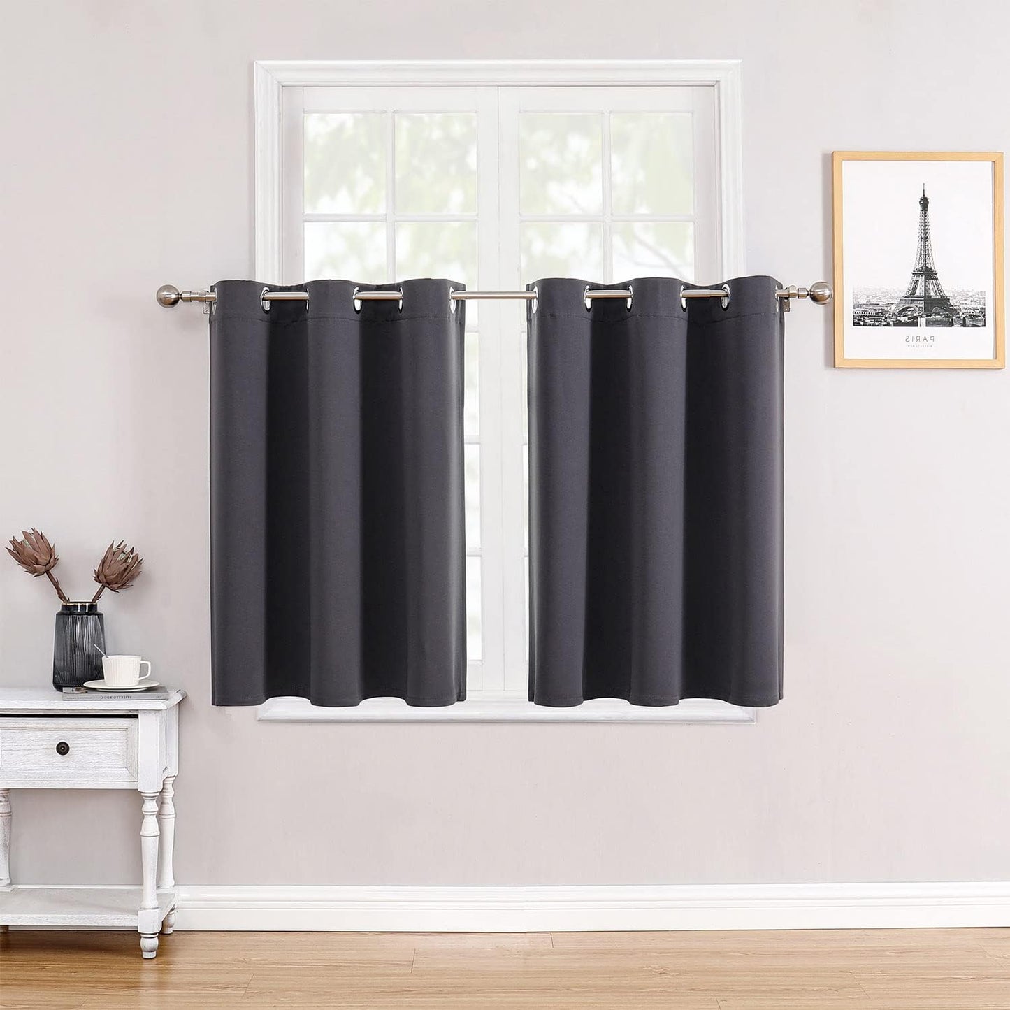 ChrisDowa Small Window Curtains for Kitchen and Bedroom - Grommet Short Thermal Insulated Room Darkening Curtains (2 Panels, Dark Grey, 34 x 36 Inch)