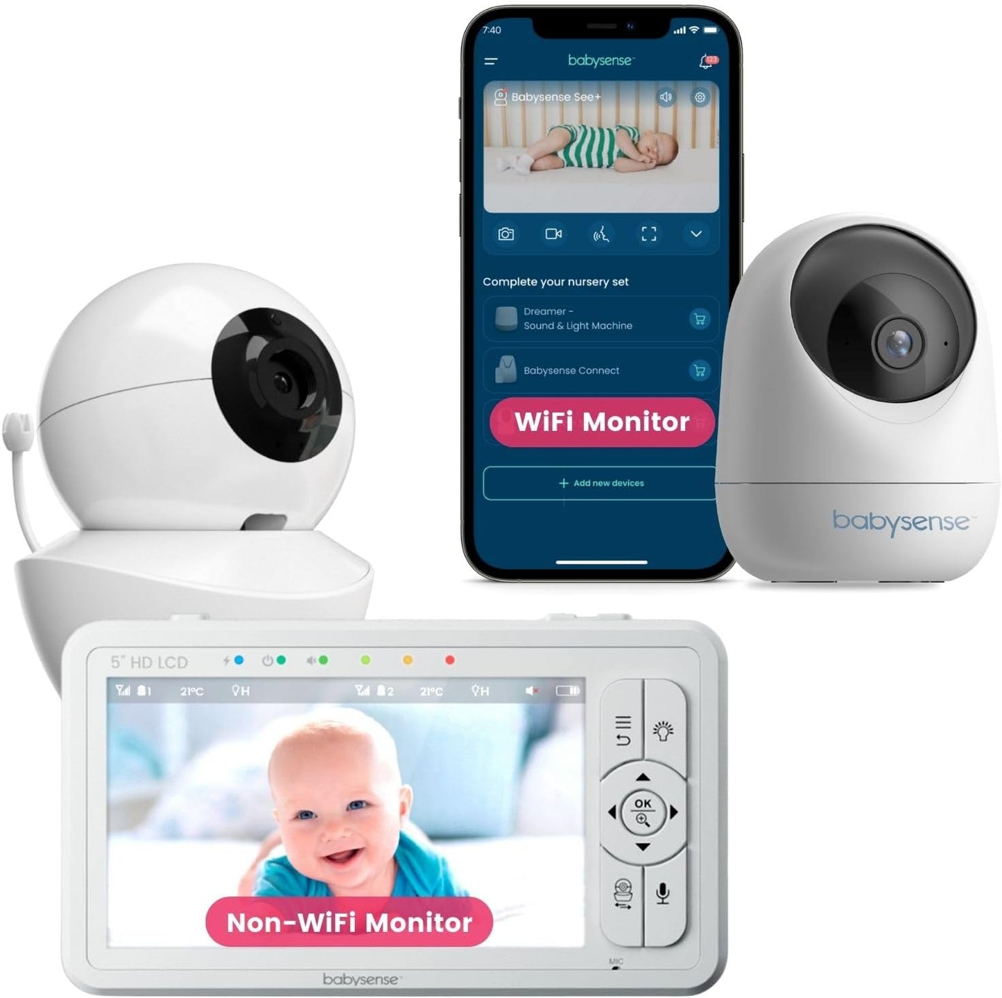 Babysense HDS2 Non-WiFi 5” HD Baby Monitor with Camera and Audio & Bonus WiFi Security Camera with App for Remote Viewing - HDS2&FullPeek