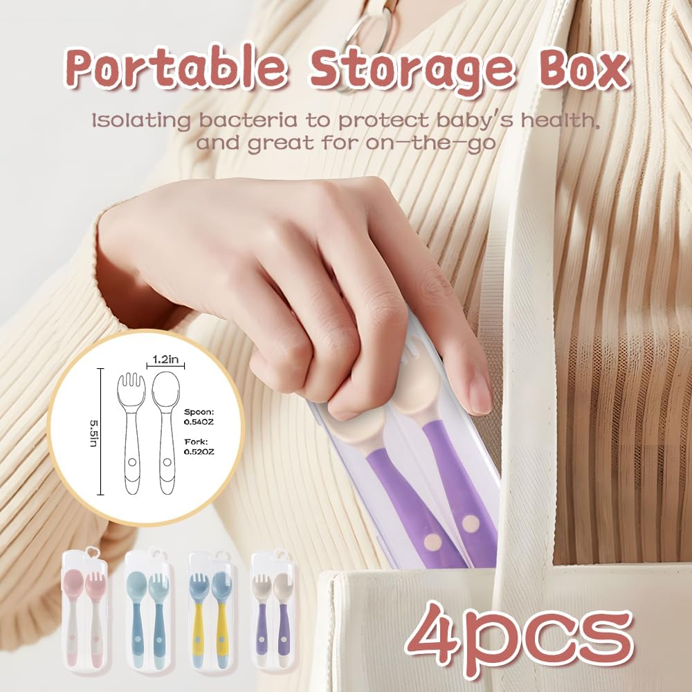 Baby Utensils Spoons and Forks Set Bendable Self-Feeding Silverware for Toddler Children with Travel Case Gum Friendly Food Grade (4 Set)