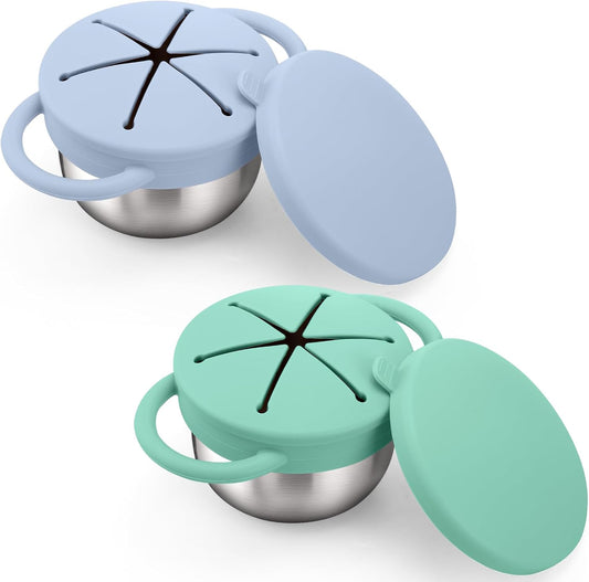 BUSOHA 2 Pack Stainless Steel Toddler Snack Cups - 9 OZ Spill-Proof Baby Snack Containers with Silicone Catcher and Lid Travel Snack Containers for Kids Food Grade Silicone Dishwasher Safe