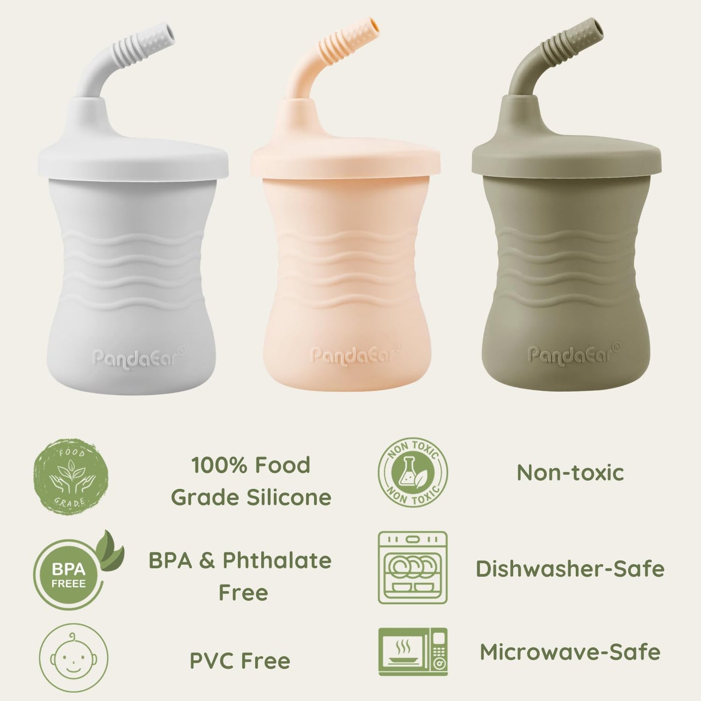 PandaEar Silicone Training Cup, 3 Pack Baby Drinking Sippy Cups with Straw for Baby and Toddler 6 Months+ (Brown/Pink/Gray)