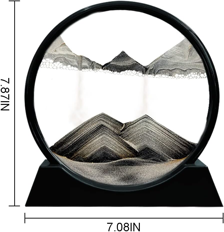 Aoderun Moving Sand Art Picture Round Glass 3D Deep Sea Sandscape in Motion Display Flowing Sand Frame Relaxing Desktop Home Office Work Decor (7", Black)