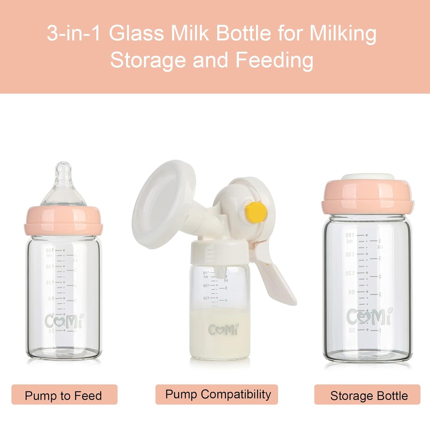 COMI Wide Neck Glass Breastmilk Collection n Storage Bottle, 6oz with Screw Ring Sealing Disk; Re-markable Sealing Disc. BPA Free, Fits Breast Pumps & Nipples (Pink Lids)