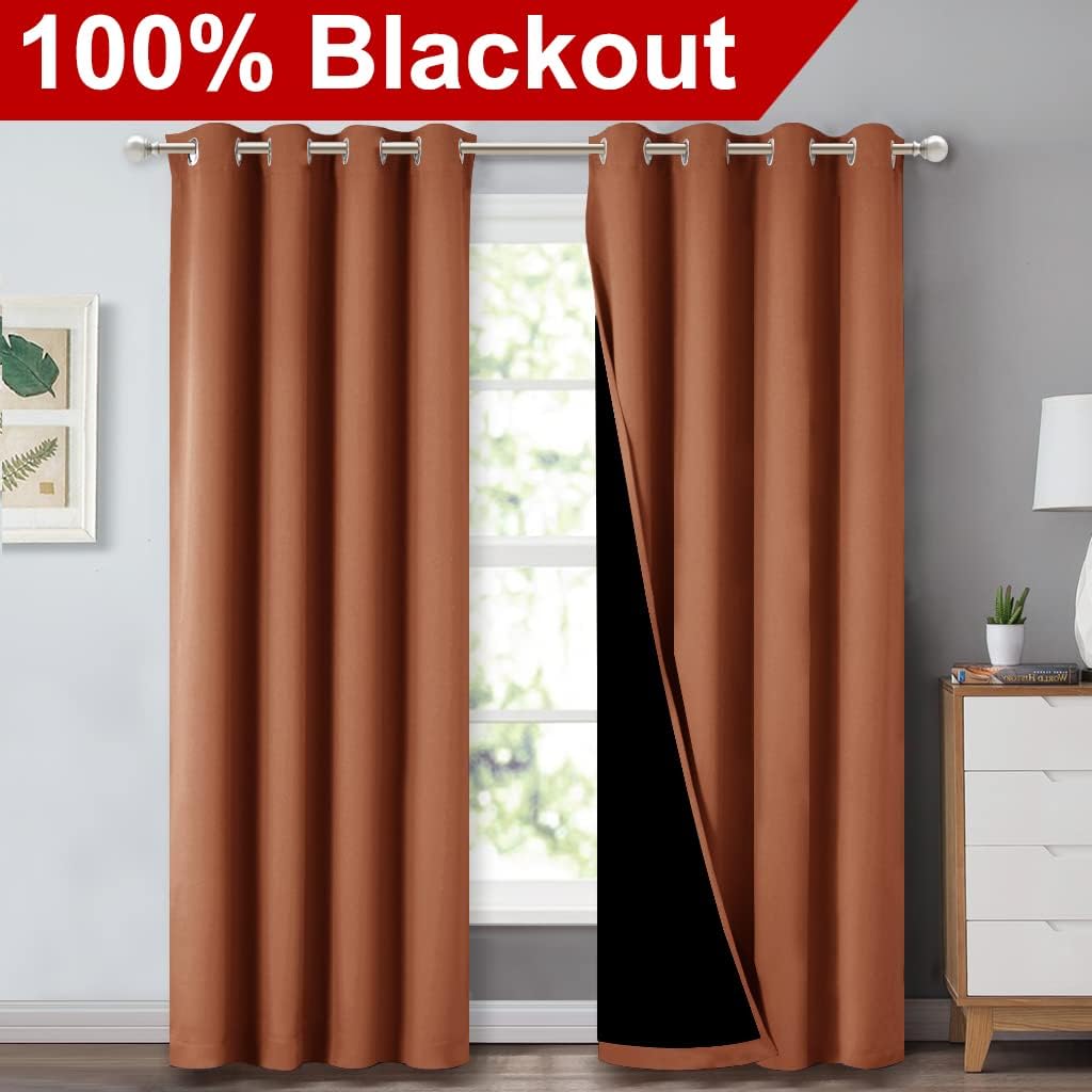 NICETOWN Burnt Orange 100% Blackout Window Curtain Panels, Heat and Cold Blocking Drapes with Black Liner for Nursery, 84 inches Thermal Insulated Draperies (2 Pieces, 52 inches Wide Each Panel)